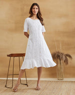 White Cotton Chikankari Peony Ruffle Midi Dress & Lining