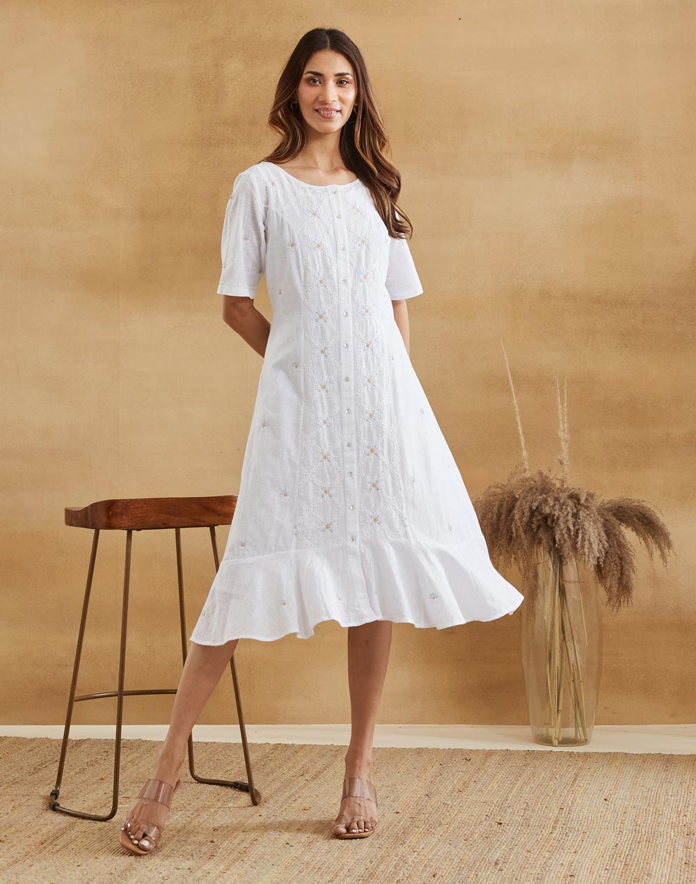 White Cotton Chikankari Peony Ruffle Midi Dress & Lining