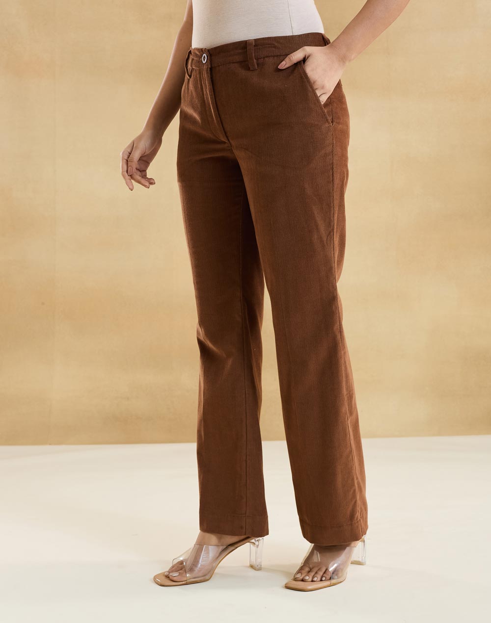 Brown Cotton Casual Tapered Pant