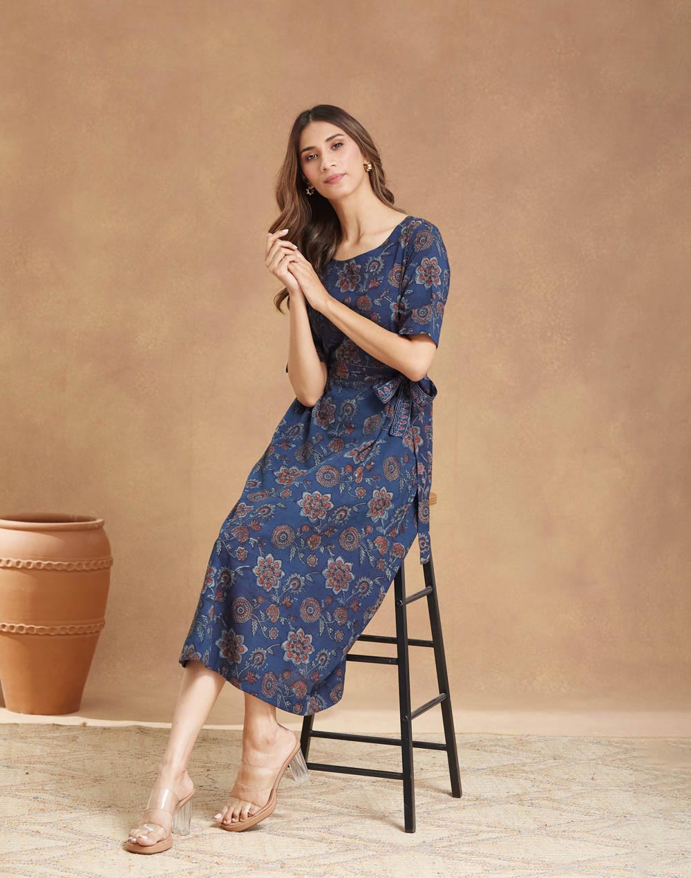 Blue Cotton Bagru Printed Midi Dress