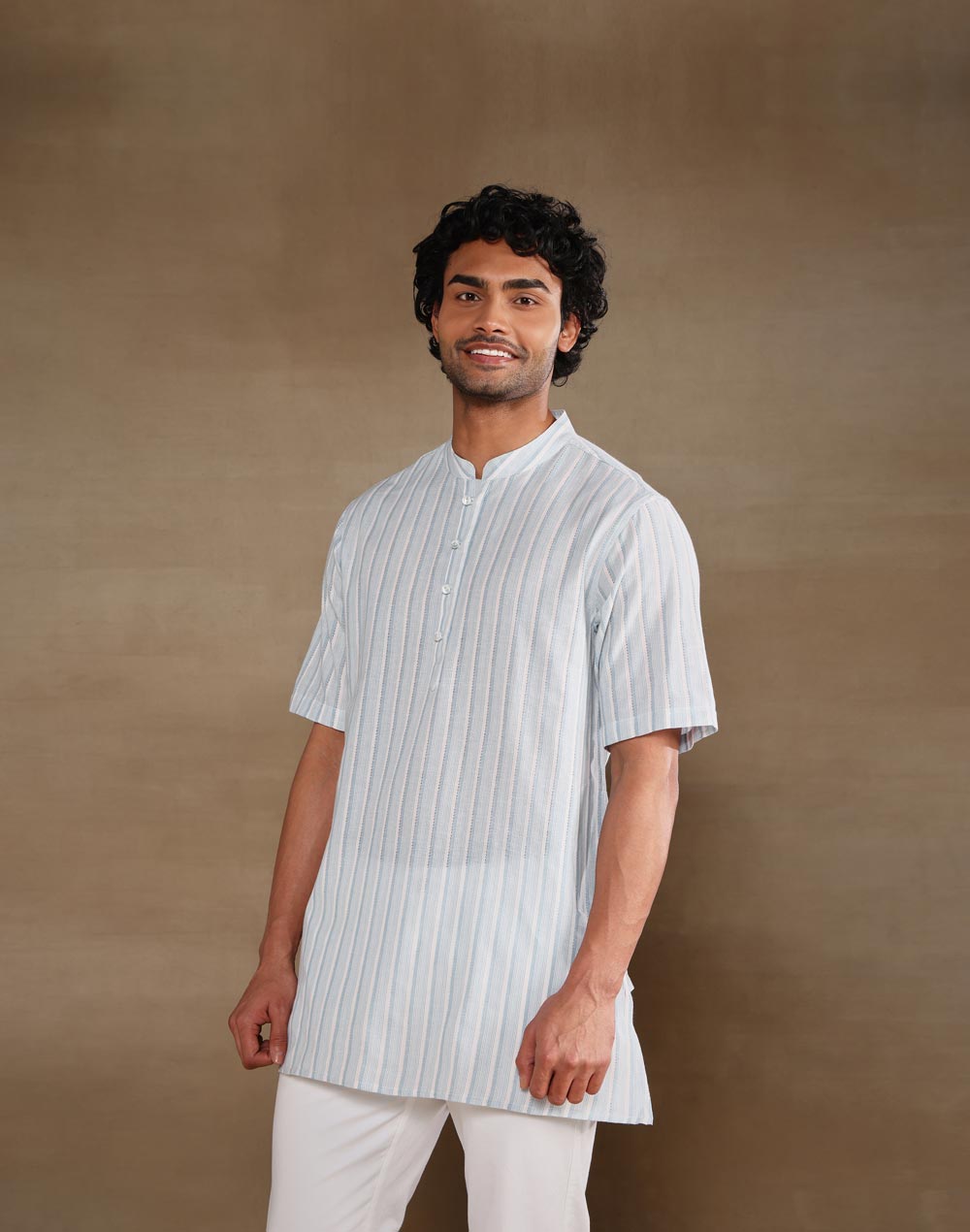 Blue Cotton Stripe Short Kurta