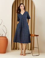 Indigo Cotton Silk Ajrakh Print Indian Midi Dress for Women from Fabindia UK