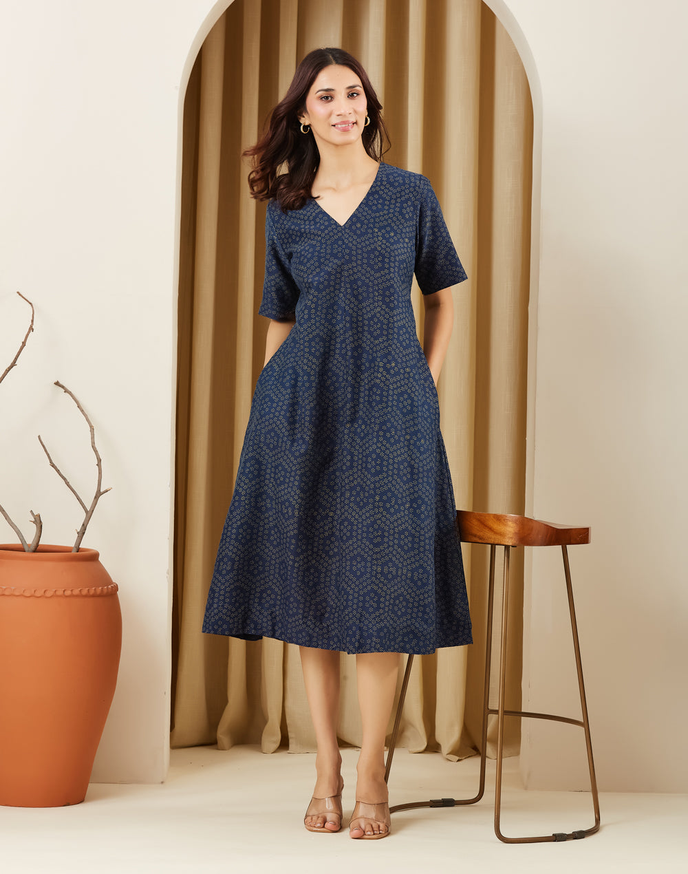 Indigo Cotton Silk Ajrakh Print Indian Midi Dress for Women from Fabindia UK