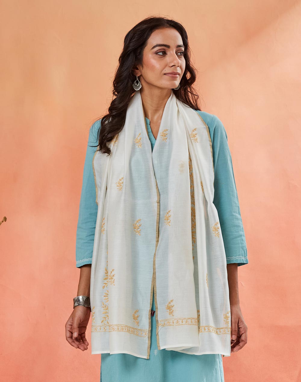 White Cotton Silk Blend Chikankari Shadowed Artistry Stole