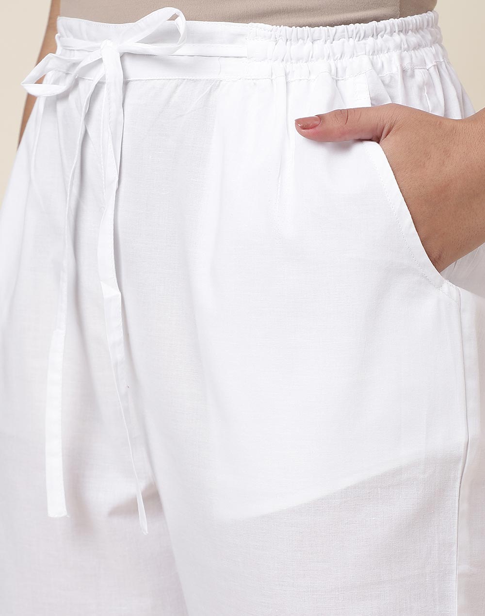 White Cotton Full Length Casual Pant