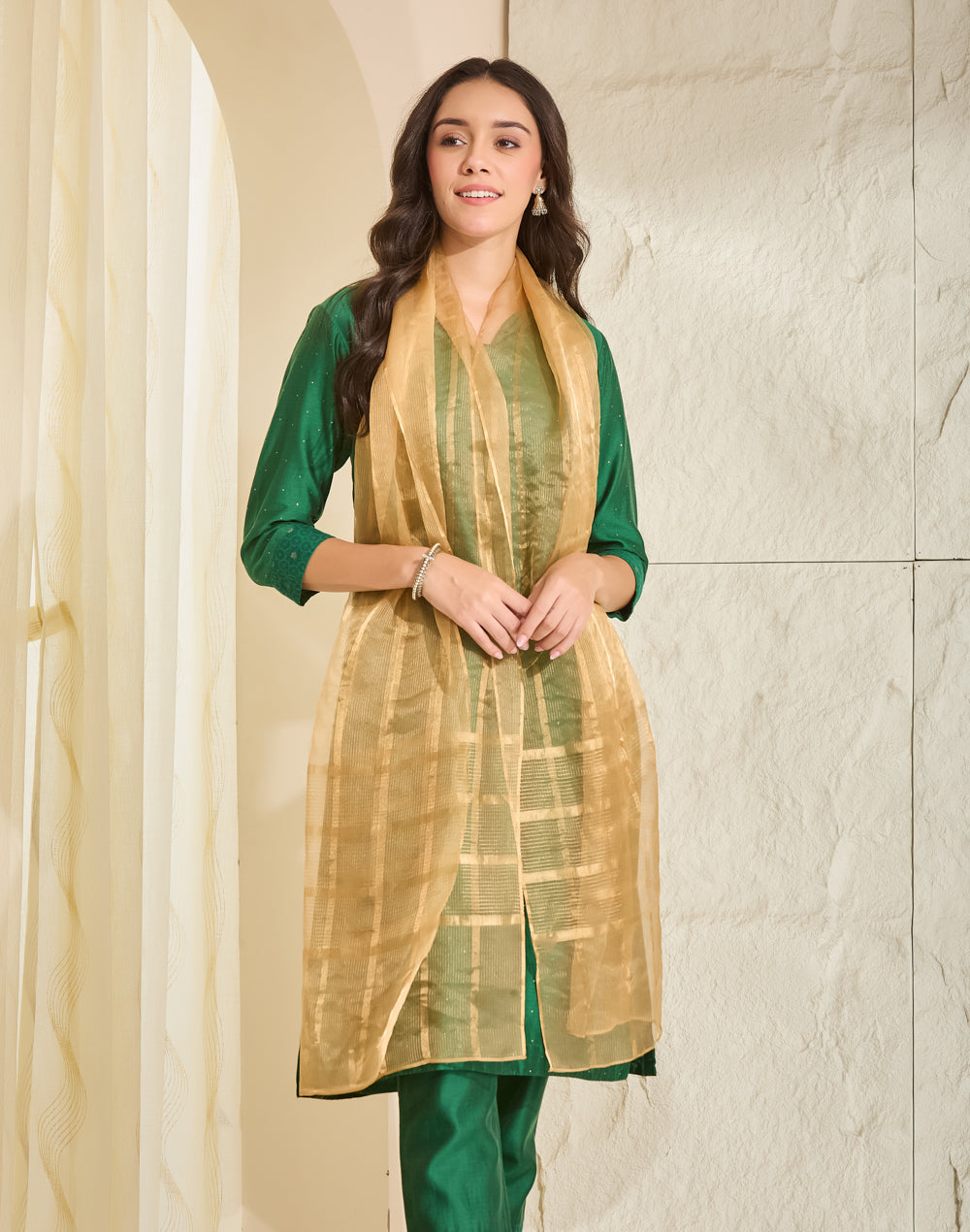 Beige Metallised Fiber & Silk Blend Stole
