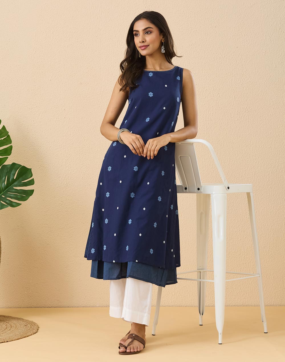 Indigo Cotton Dobby Slim Fit Long Kurta