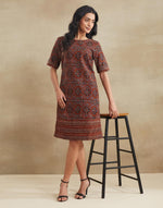 Red Cotton Linen Ajrakh Printed Short Dress