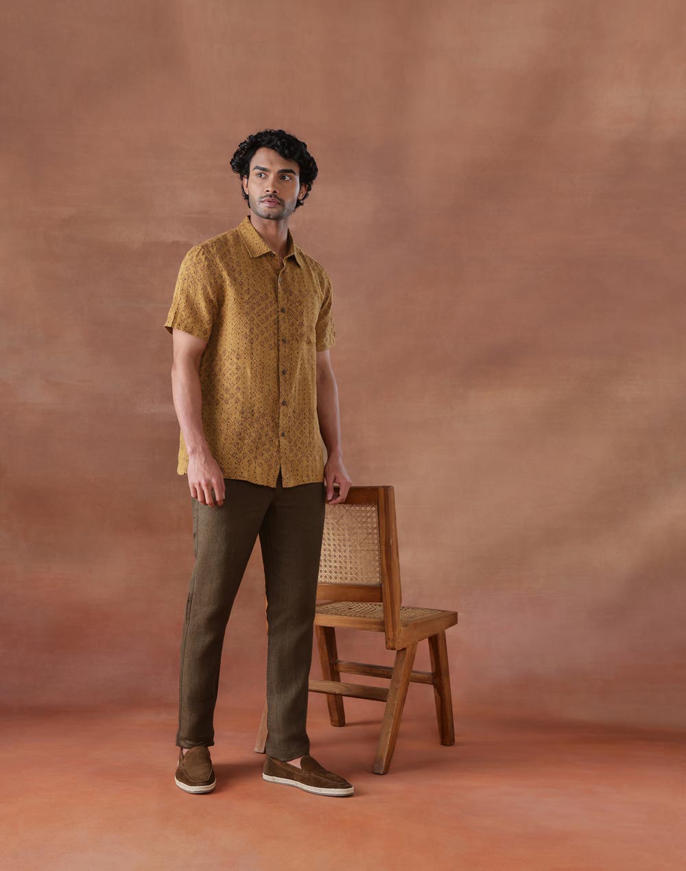 Mustard Linen Hand Block Printed Bush Shirt