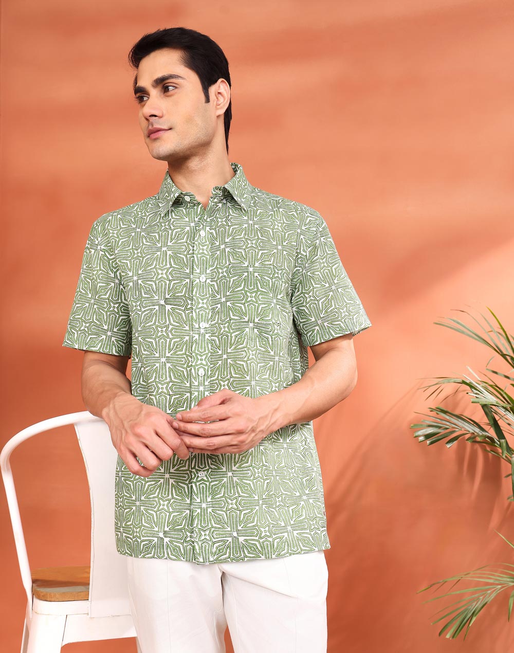 Green Cotton Hand Block Printed Bush Shirt
