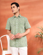 Green Cotton Hand Block Printed Bush Shirt