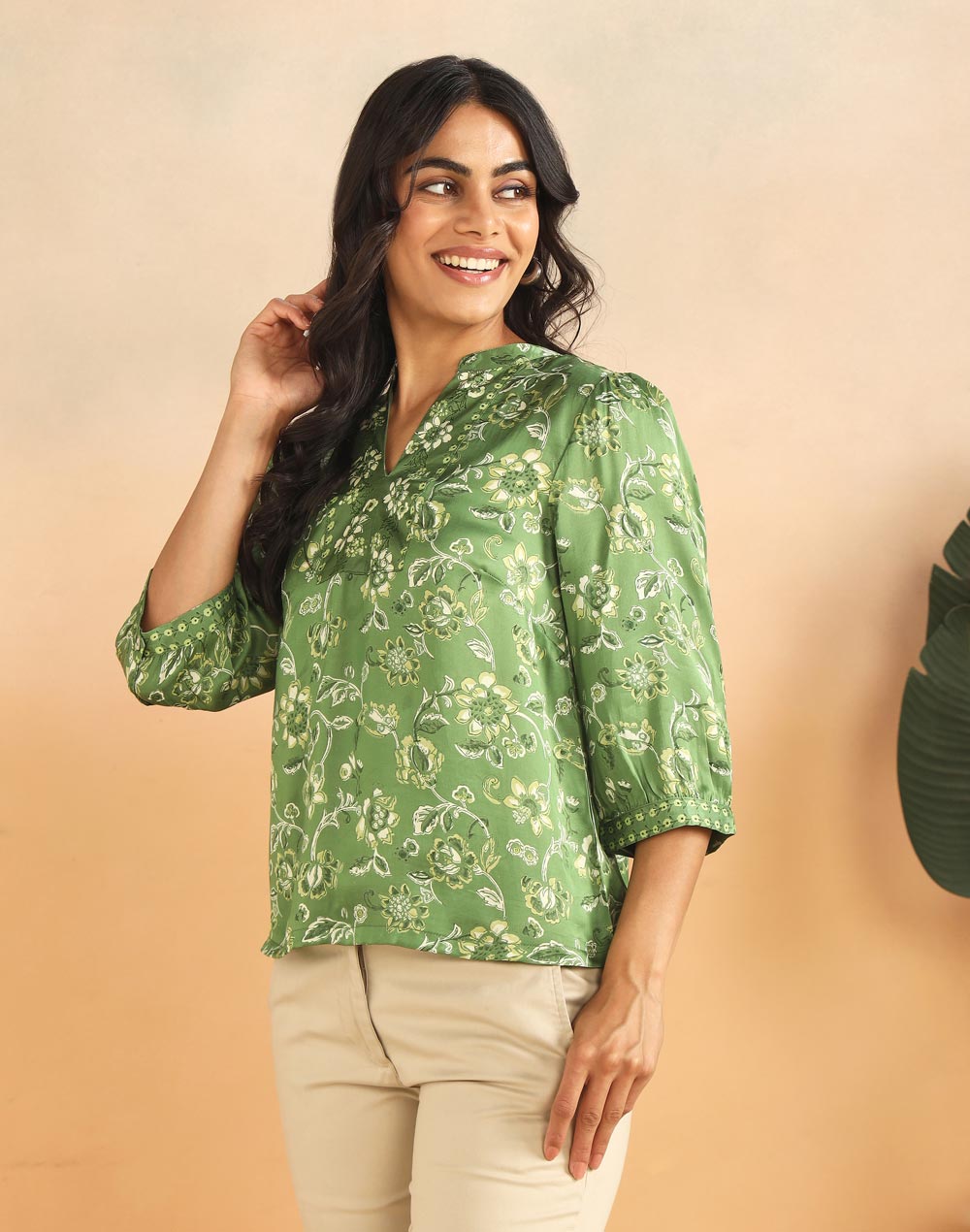 Green Rayon Blend Hand Block Printed Helen Top