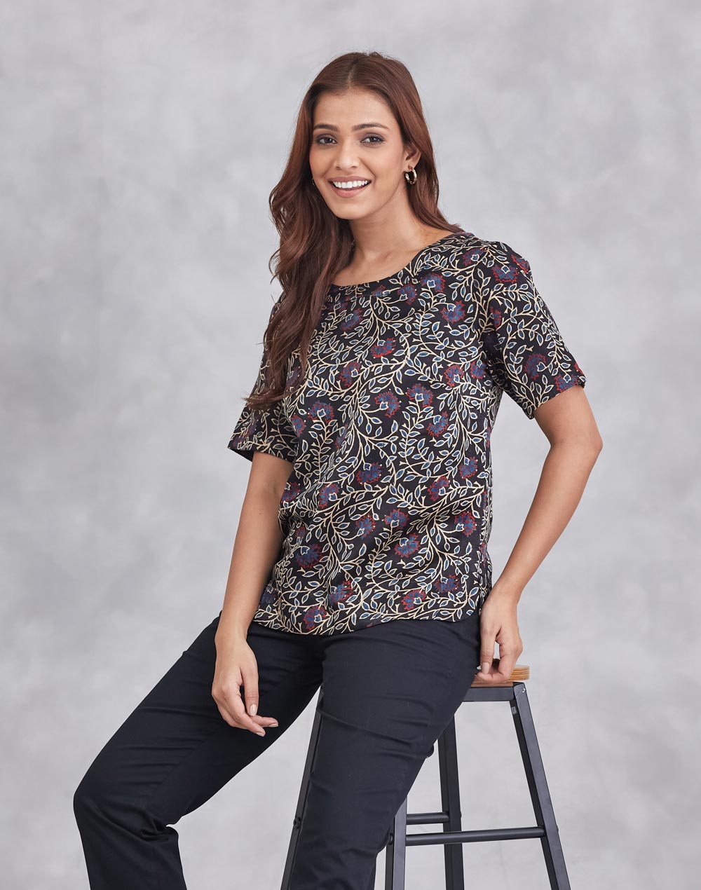 Black Viscose Cotton Ajrakh Printed Top