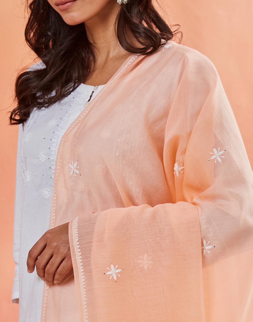 Orange Cotton Silk Chikankari Dupatta