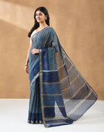 Indigo Cotton Silk Blend Hand Block Print Sari