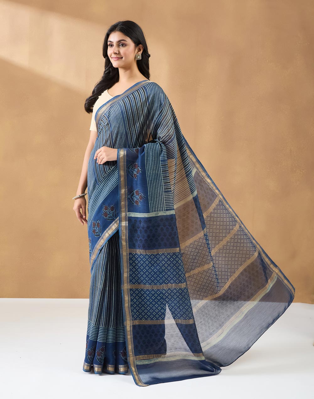 Indigo Cotton Silk Blend Hand Block Print Sari