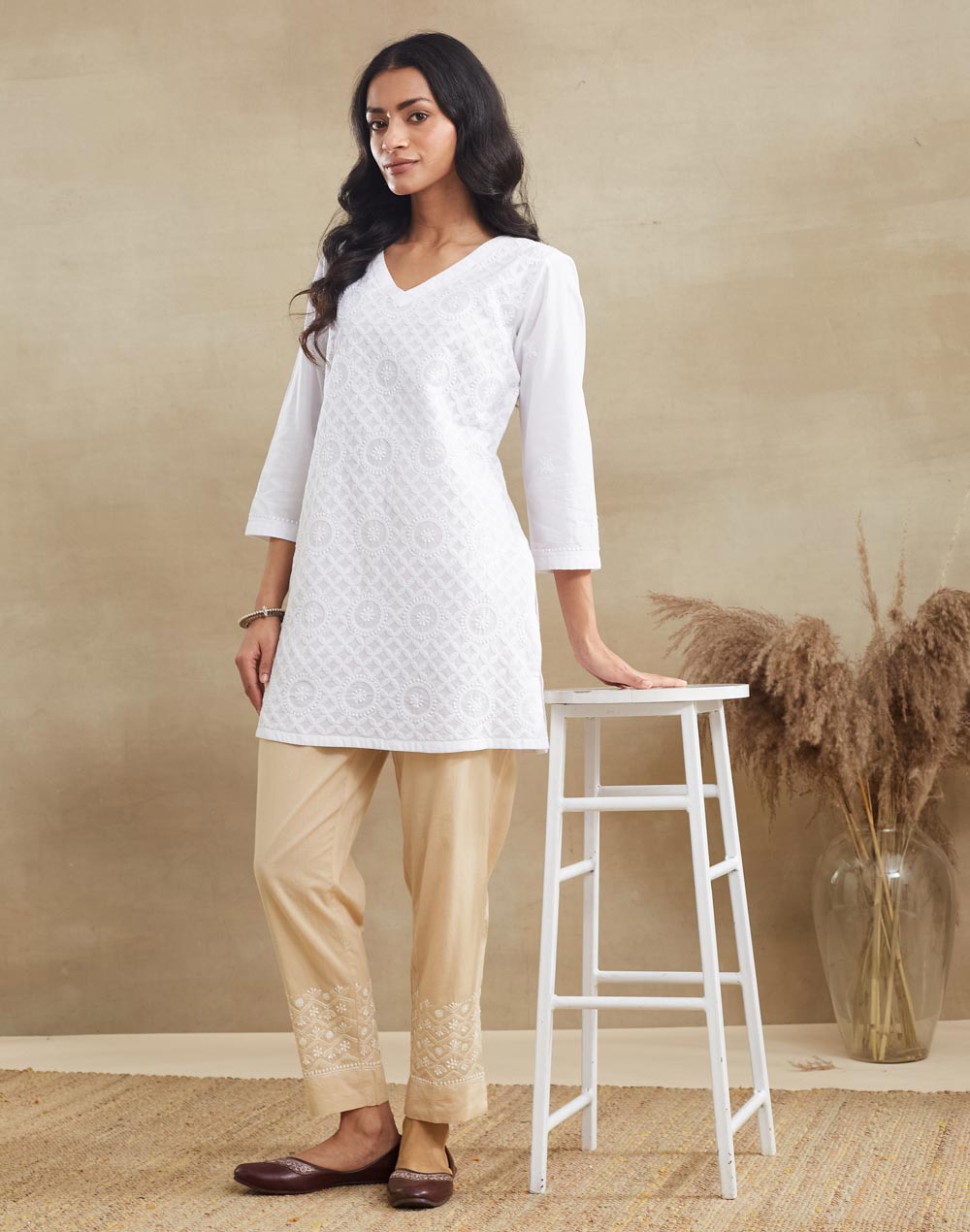 Beige Cotton Chikankari Ethnic Pant
