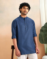 Blue Viscose Silk Hand Block Printed Slim Fit Short Kurta