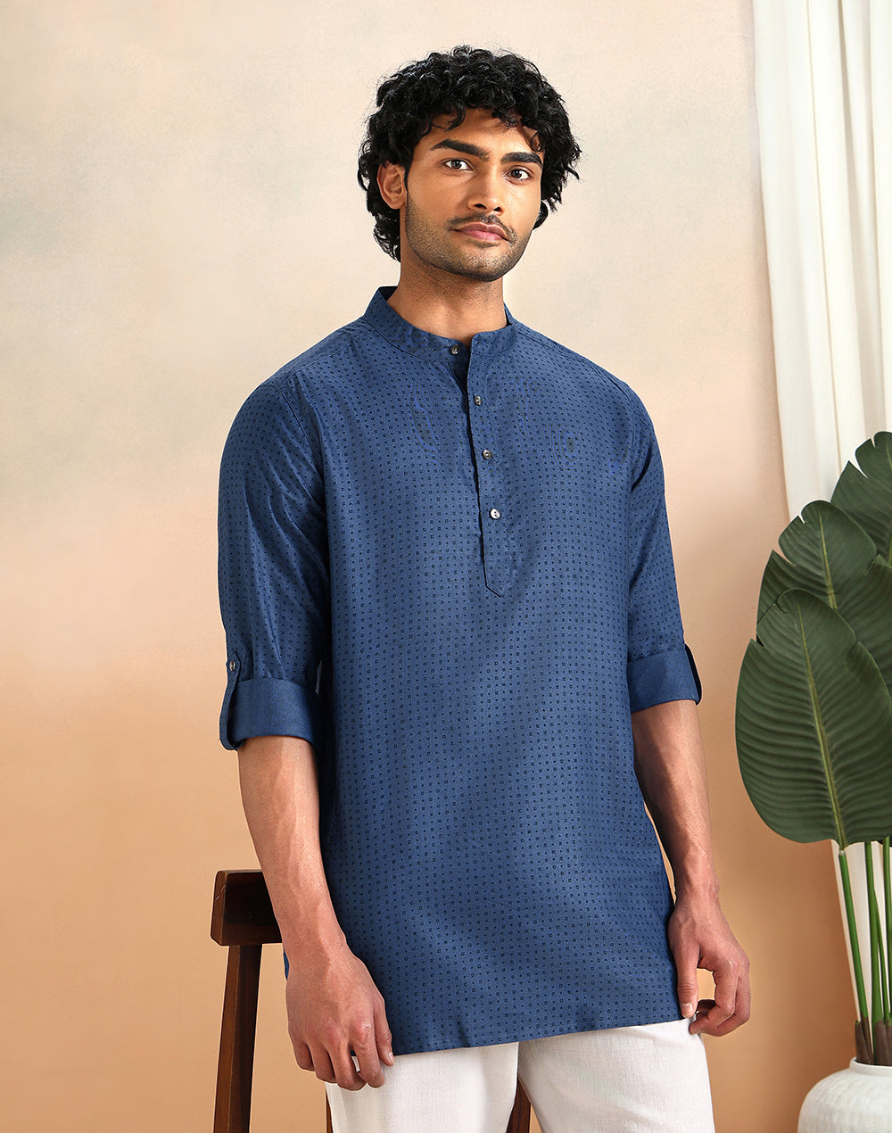 Blue Viscose Silk Hand Block Printed Slim Fit Short Kurta