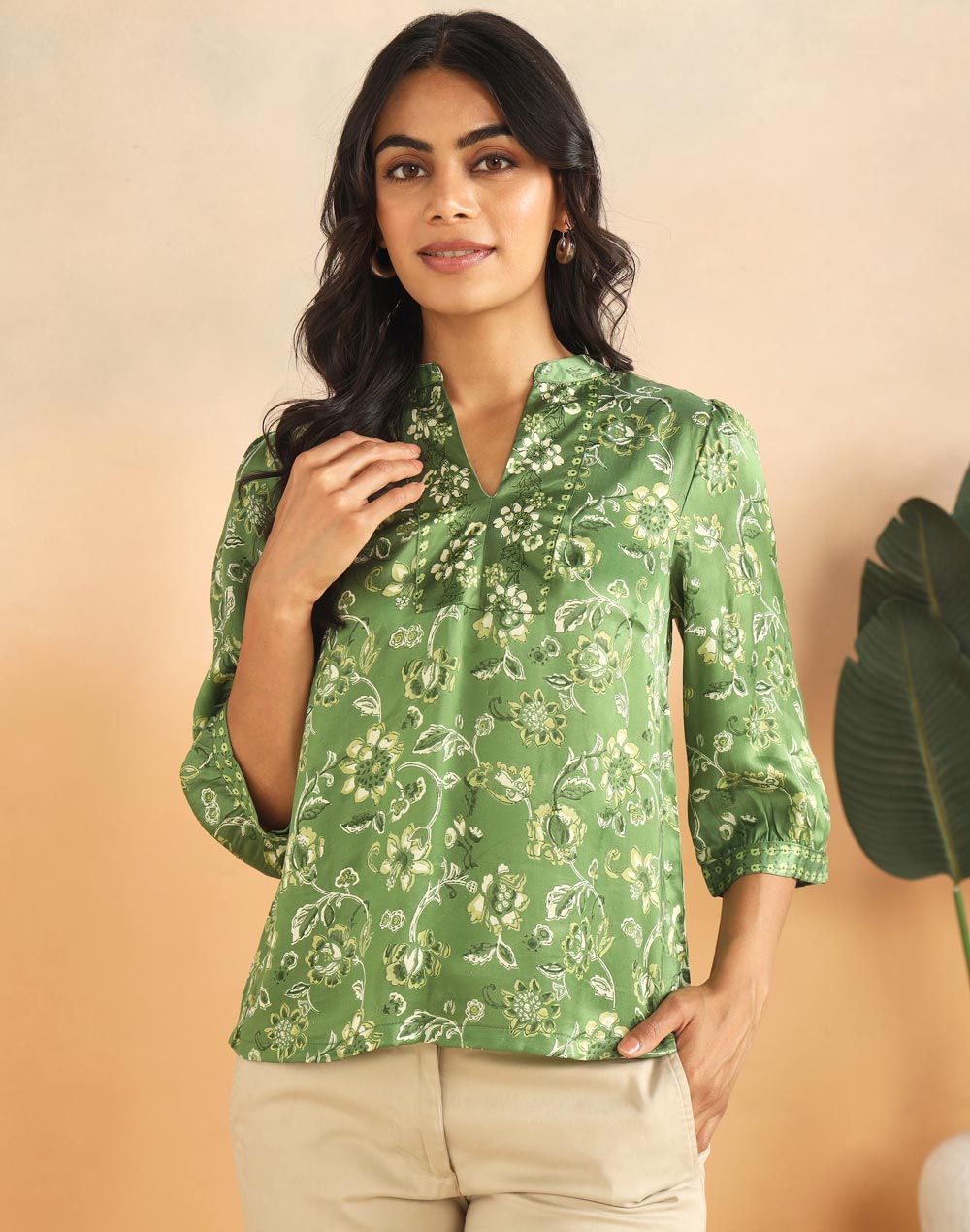 Green Rayon Blend Hand Block Printed Helen Top