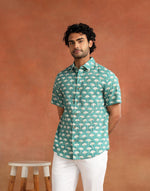 Teal Cotton Hand Block Printed Slim Fit Shirt