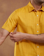 Yellow Viscose Silk Hand Block Printed Bush Shirt