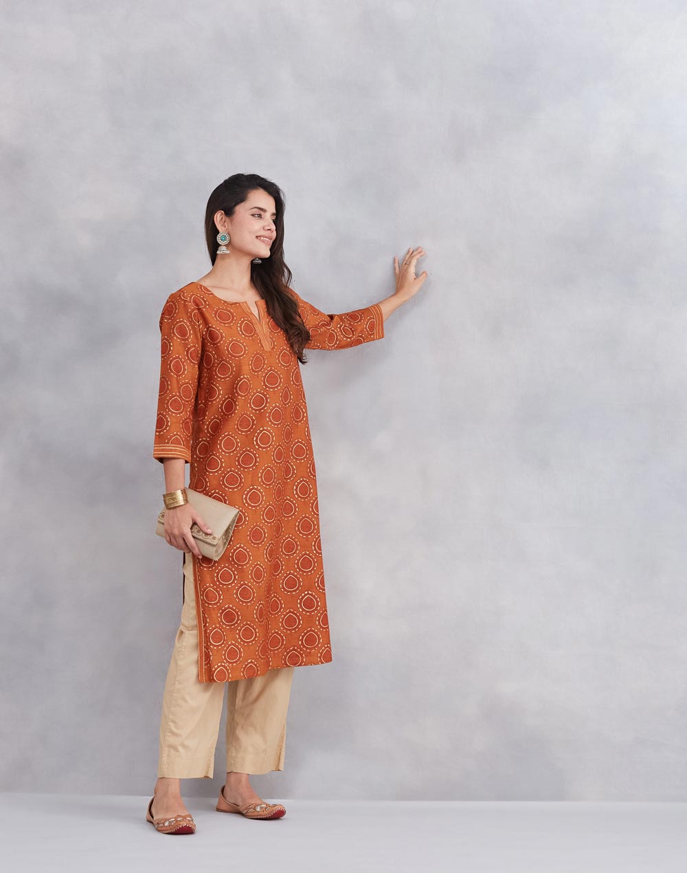 Orange Cotton Silk Hand Block Printed Long Kurta