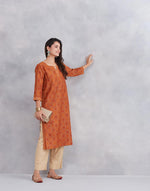 Orange Cotton Silk Hand Block Printed Long Kurta