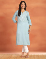 Green Cotton Chikankari Knee Length Kurta