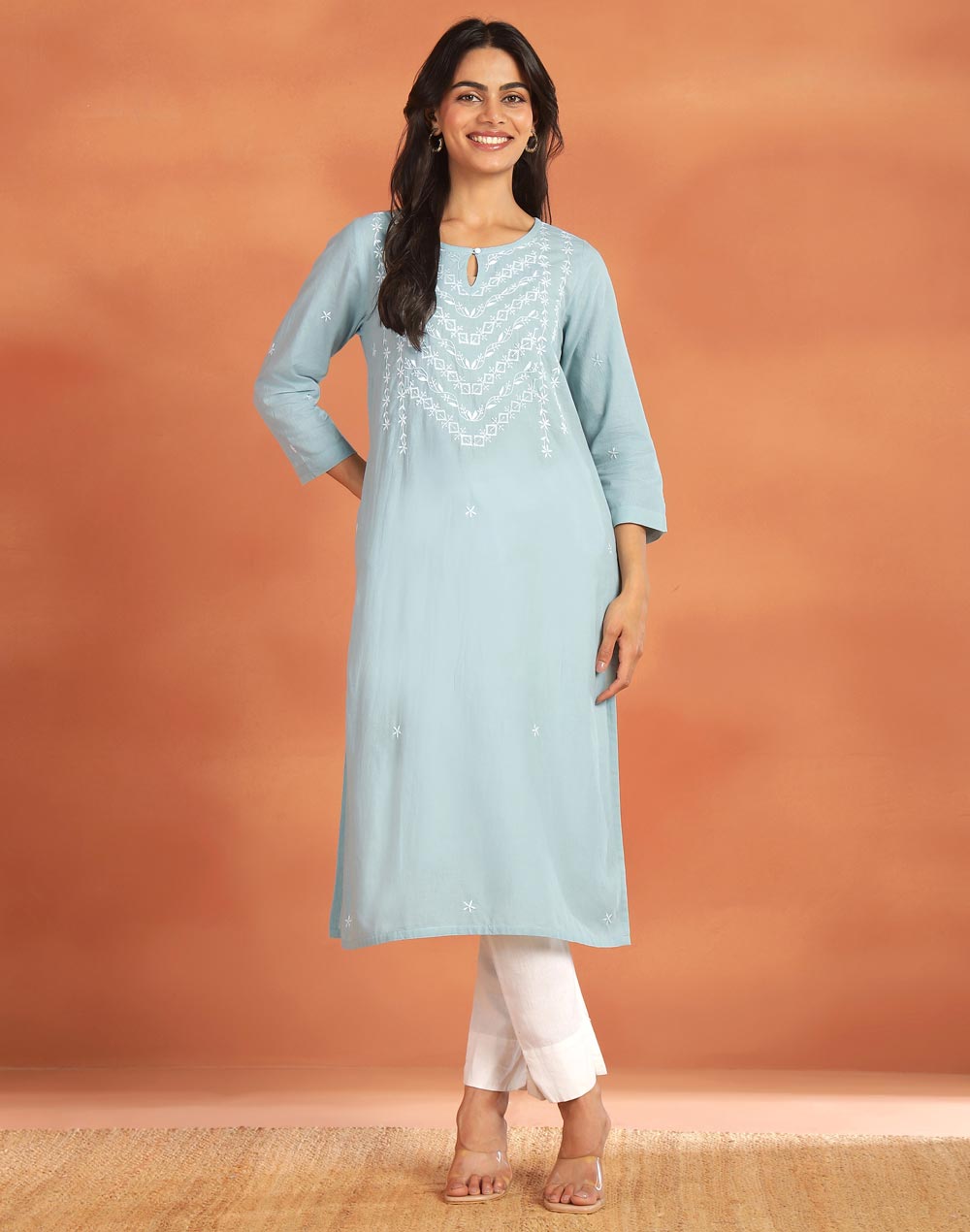 Green Cotton Chikankari Knee Length Kurta