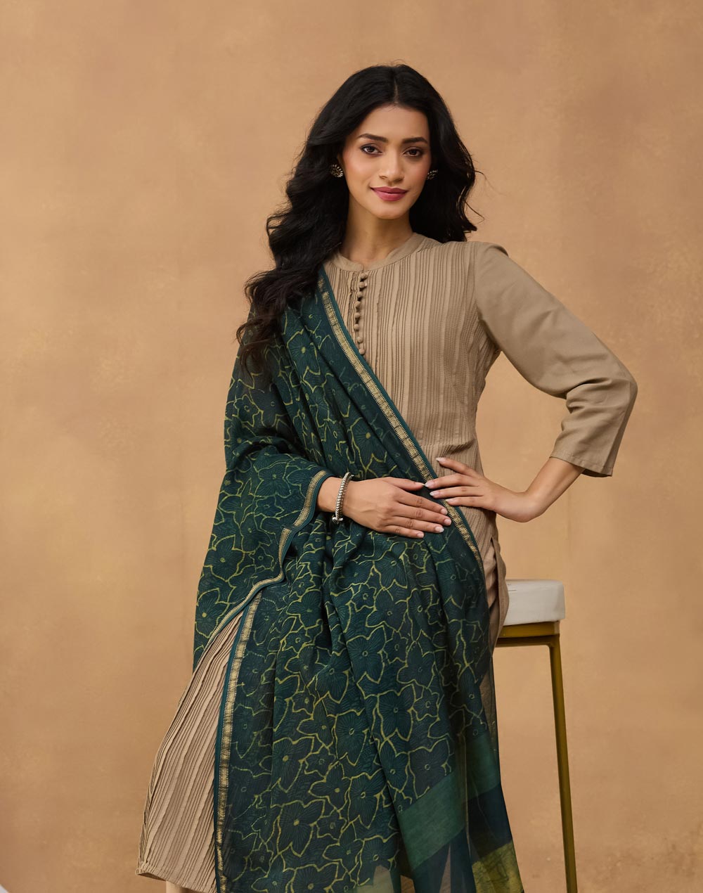 Green Cotton Silk Blend Dabu Printed Dupatta
