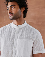White Cotton Hand Block Printed Slim Fit Mid Placket Shirt