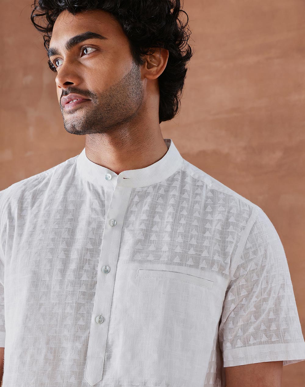 White Cotton Hand Block Printed Slim Fit Mid Placket Shirt