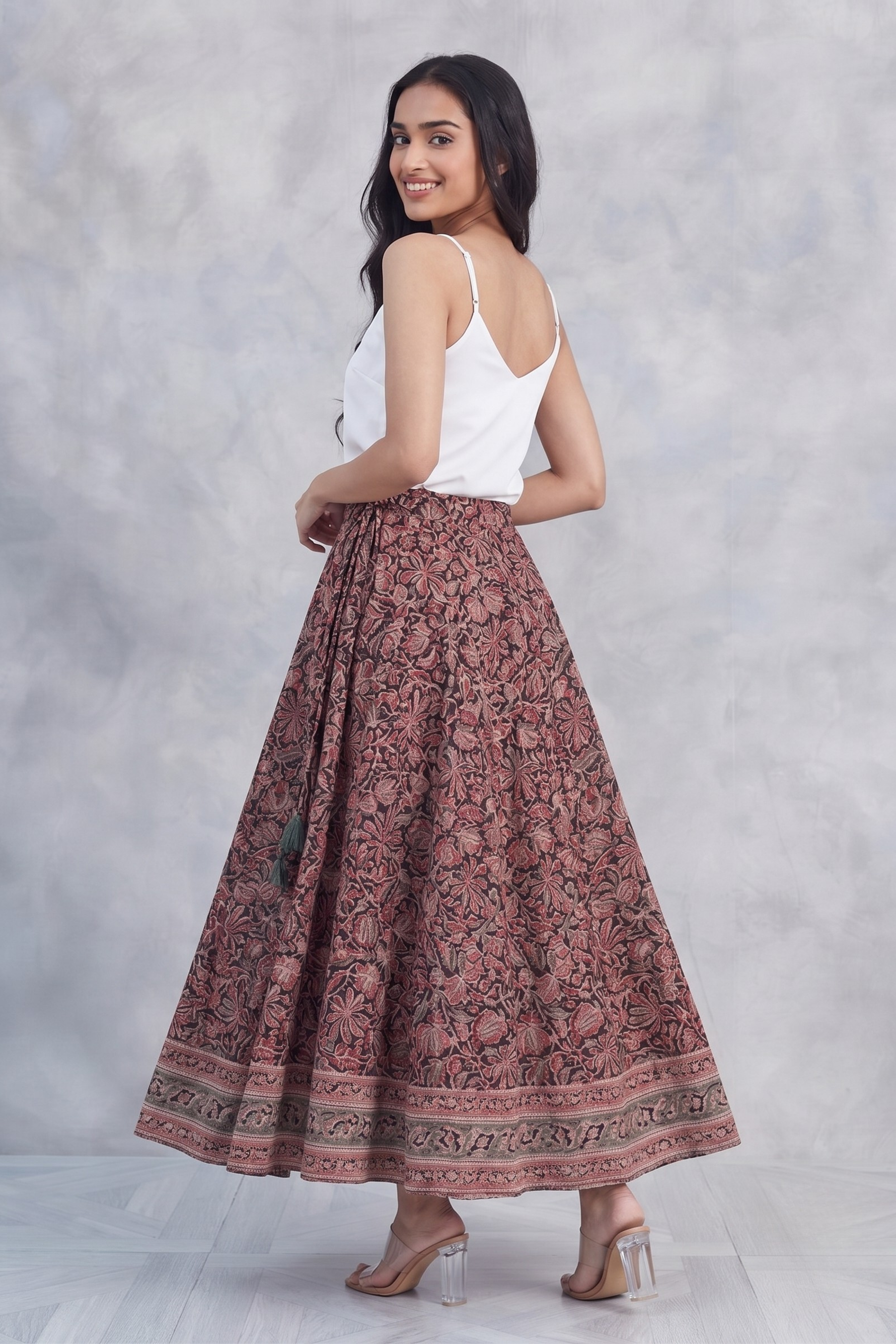 Maroon Cotton Printed Kalamkari Skirt Ghera