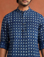 Indigo Cotton Dabu Printed Slim Fit Mid Placket Shirt