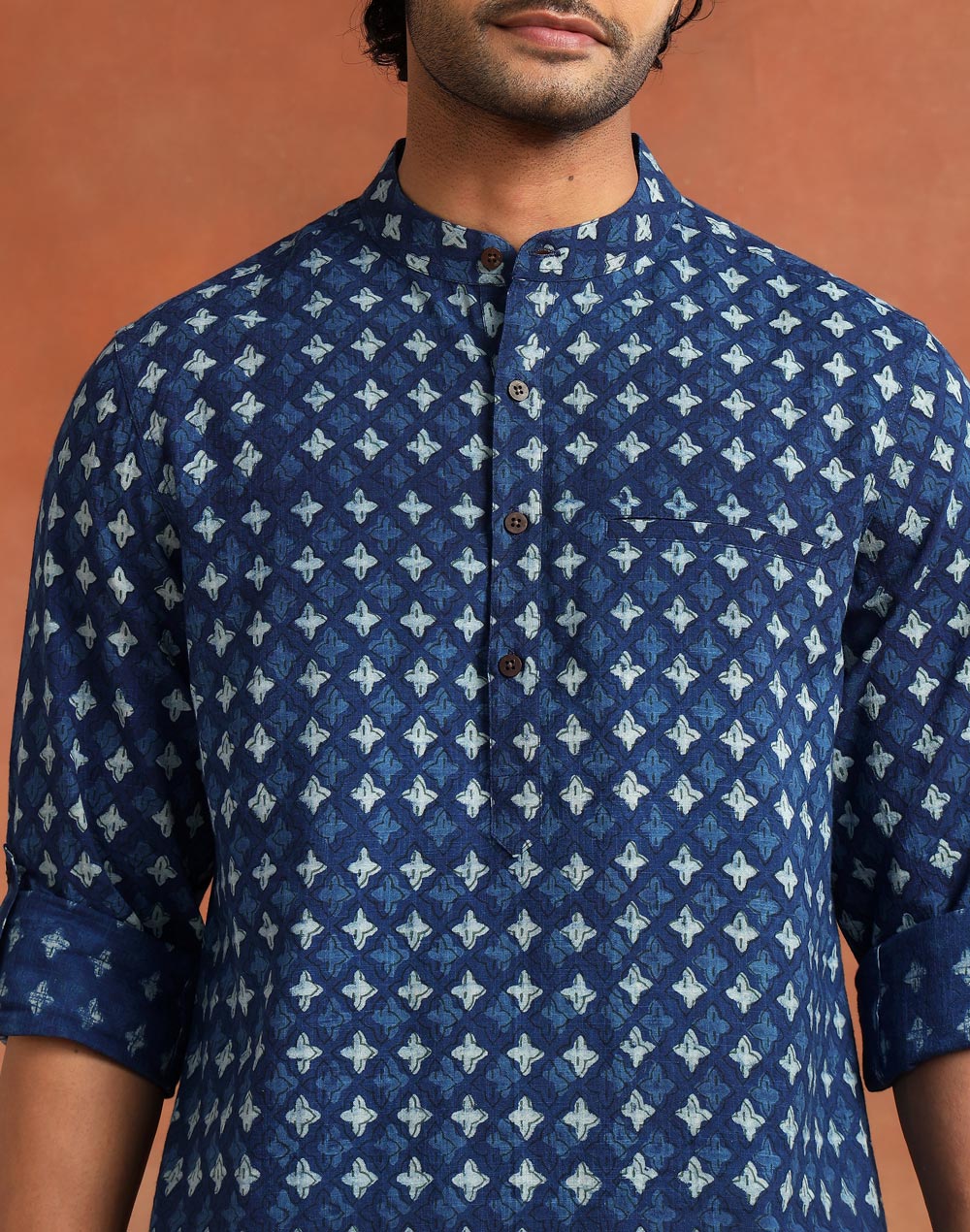 Indigo Cotton Dabu Printed Slim Fit Mid Placket Shirt