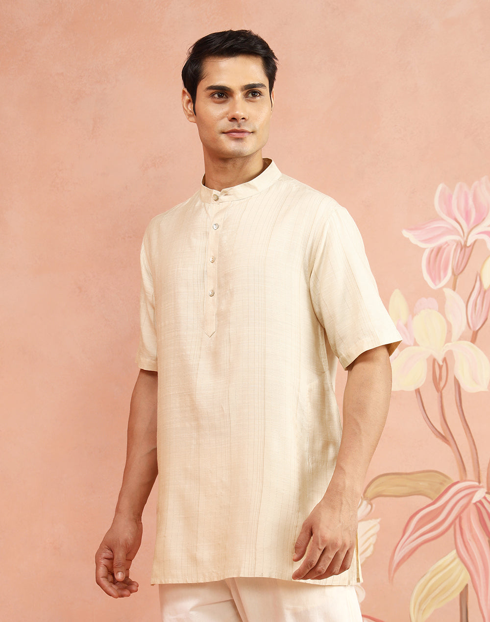 Off-White Stripe Short Kurta with Chinese collar and half sleeves