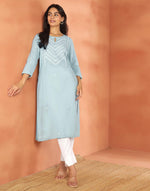Green Cotton Chikankari Knee Length Kurta