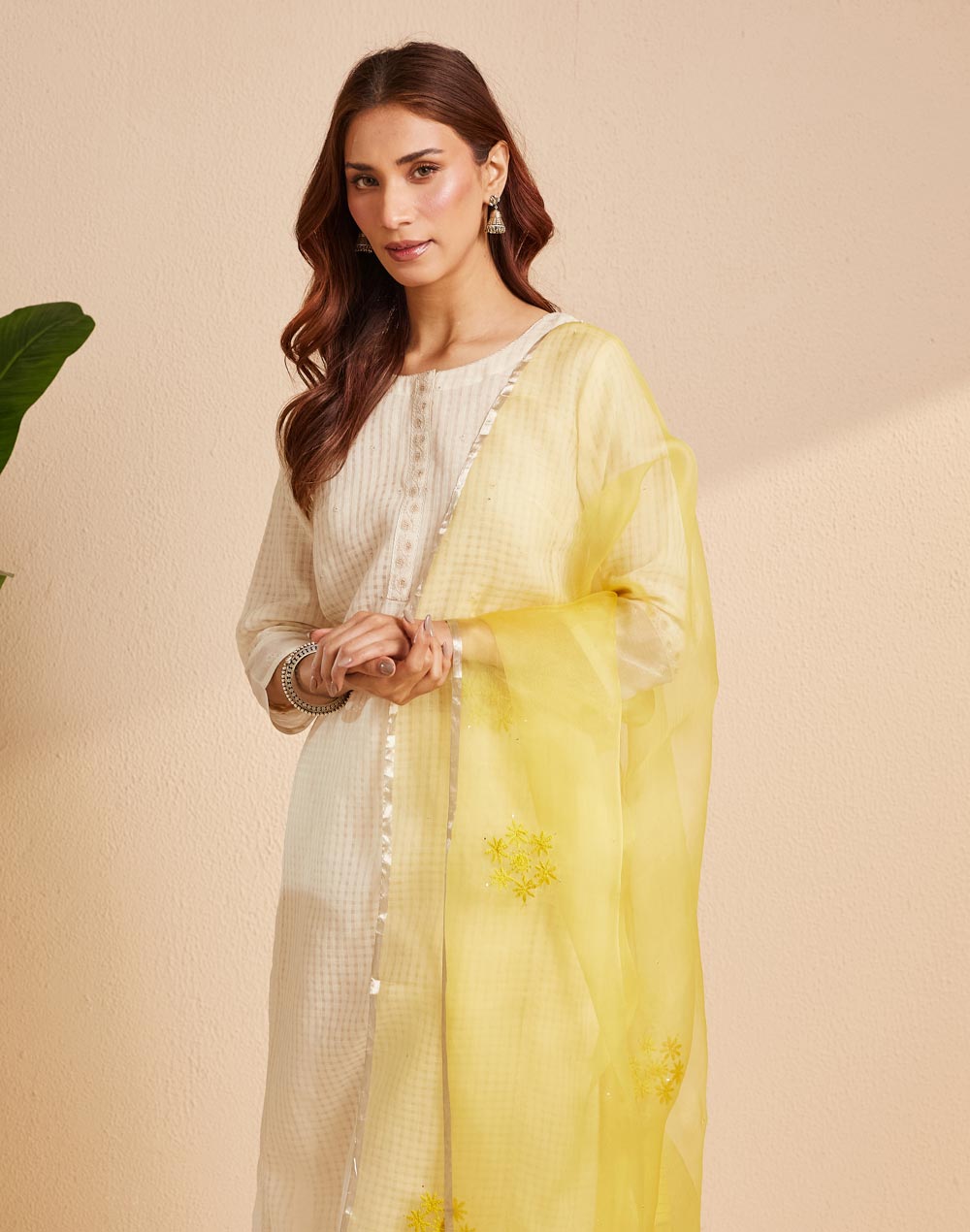 Yellow Silk Blend Chikankari Dupatta