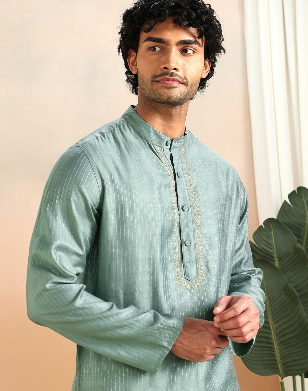 Mint Viscose Blend Dobby Slim Fit Long Kurta