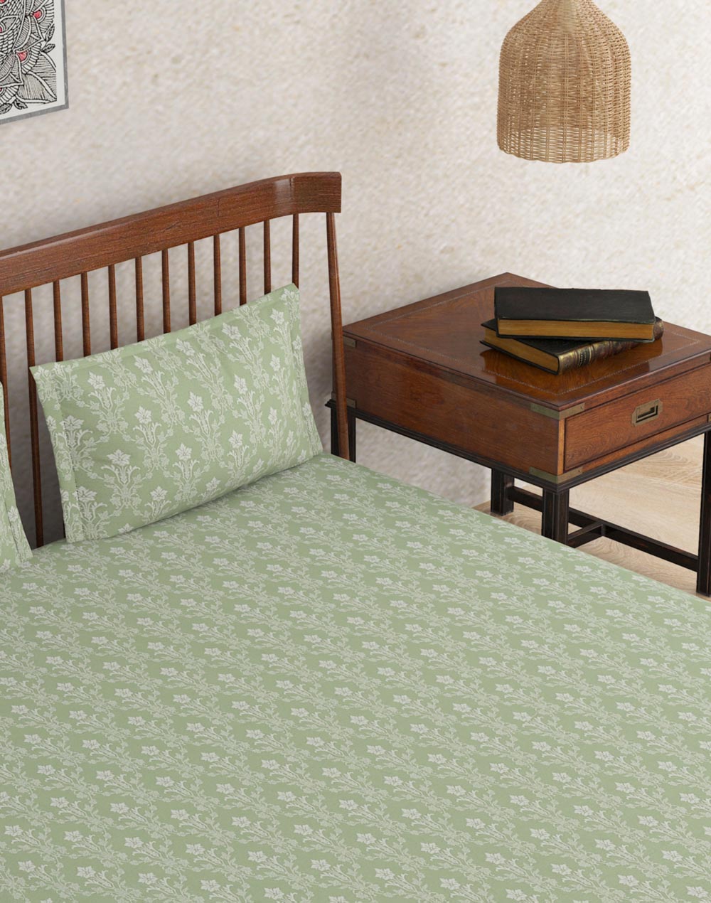Green Roshni Printed Cotton Bed Sheet With Pillow Covers