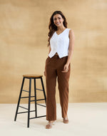 Brown Cotton Casual Tapered Pant