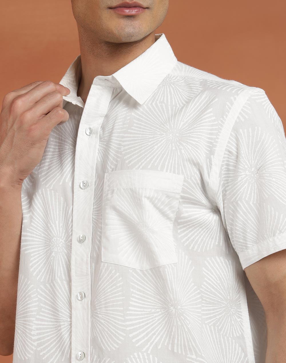 White Cotton Hand Block Printed Bush Shirt