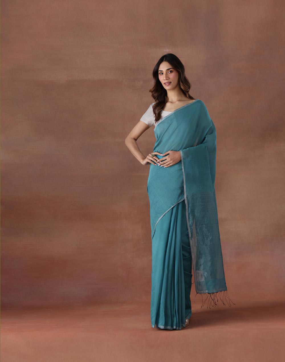 Turquoise Cotton Silk Hand Woven Sari