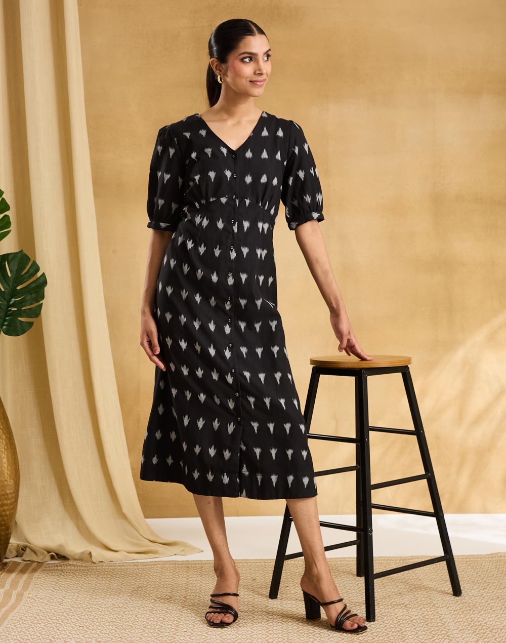 Black Cotton Ikat Midi Dress