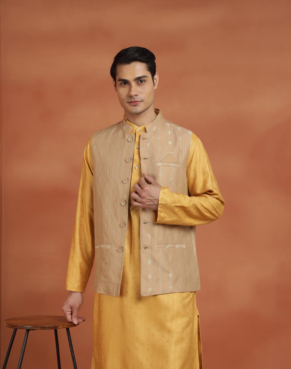 Beige Viscose Silk Nehru Jacket