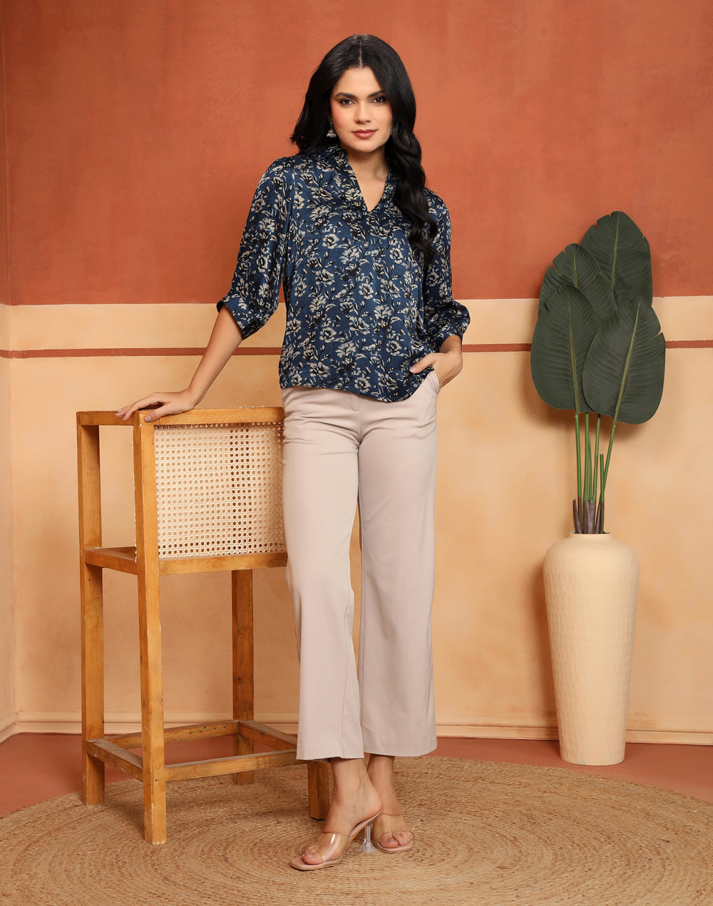 Navy Ajrakh Print Top styled for festive occasions