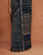 Indigo Cotton Silk Blend Dabu Printed Sari