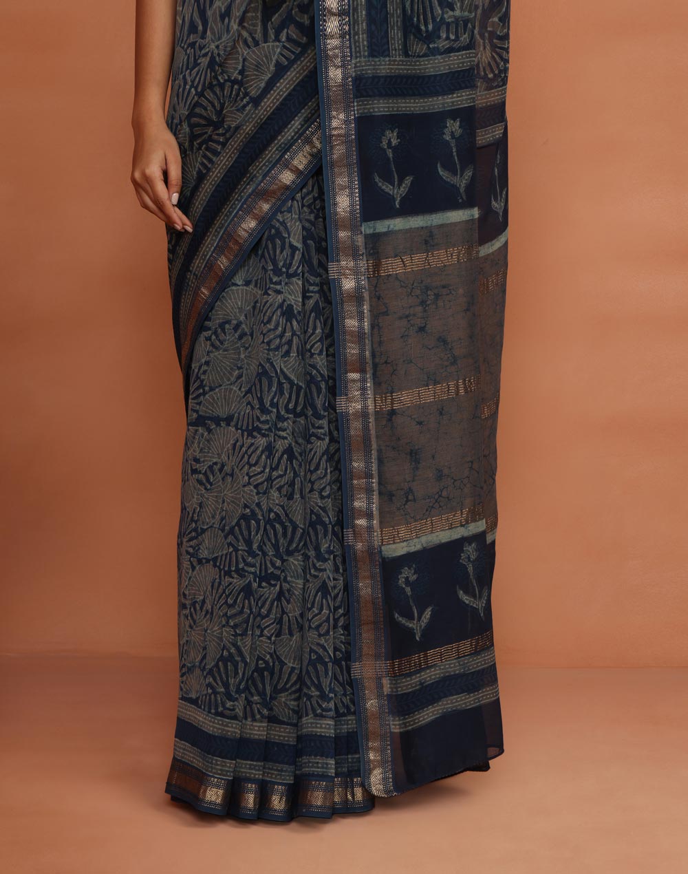 Indigo Cotton Silk Blend Dabu Printed Sari