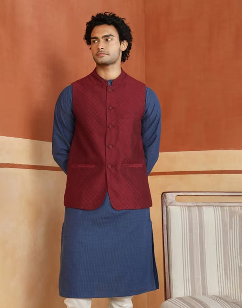 Maroon Viscose Silk Nehru Jacket for Men from Fabindia UK